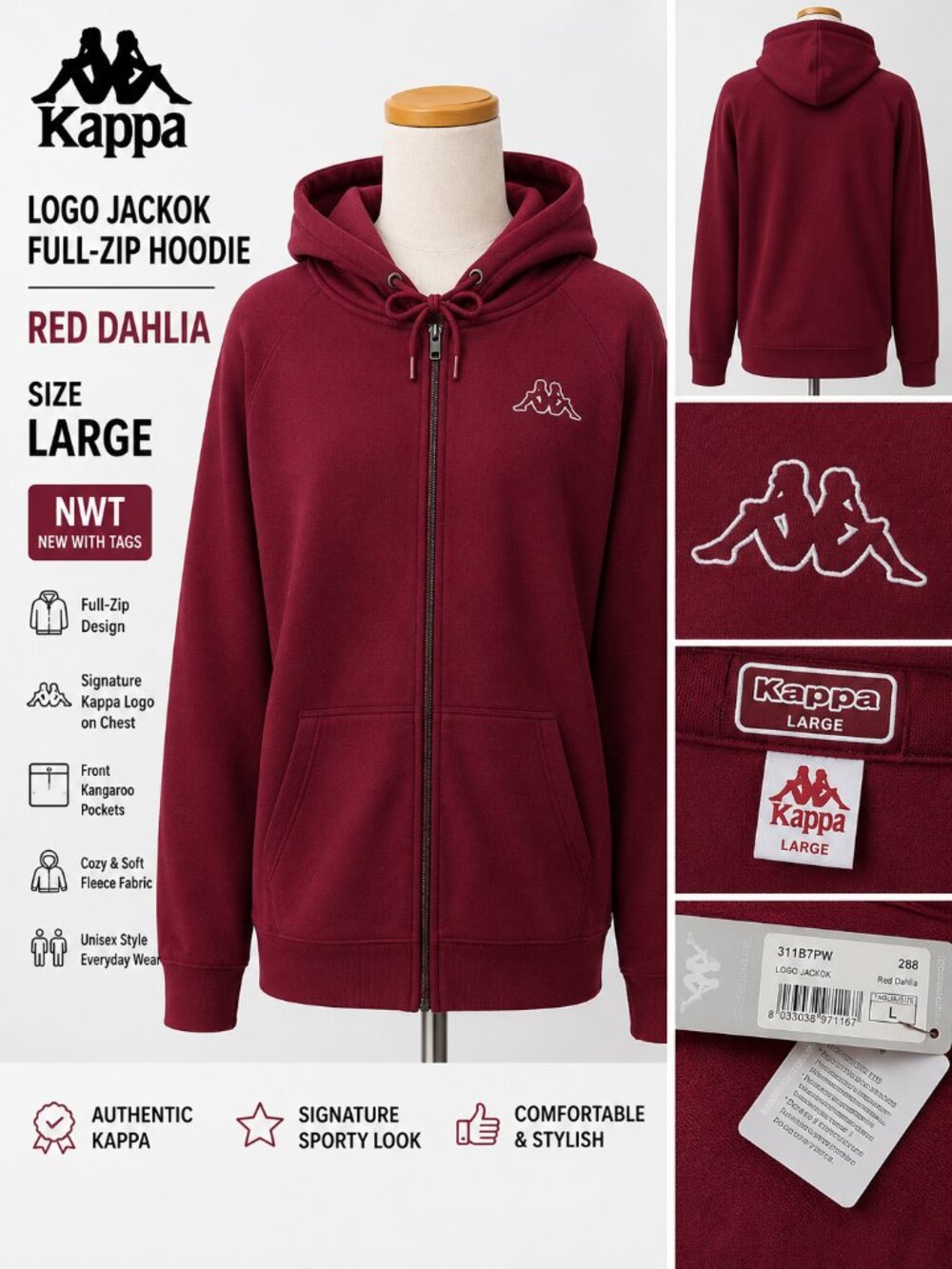 NWT Kappa Logo Jackok Full Zip Hoodie Red Dahlia Men's Size L